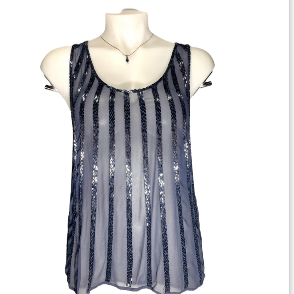 Joie NWOT SILK Sequin Tank Navy Blue XS Top Shirt Camisole Sheer Sparkly - Picture 1 of 15